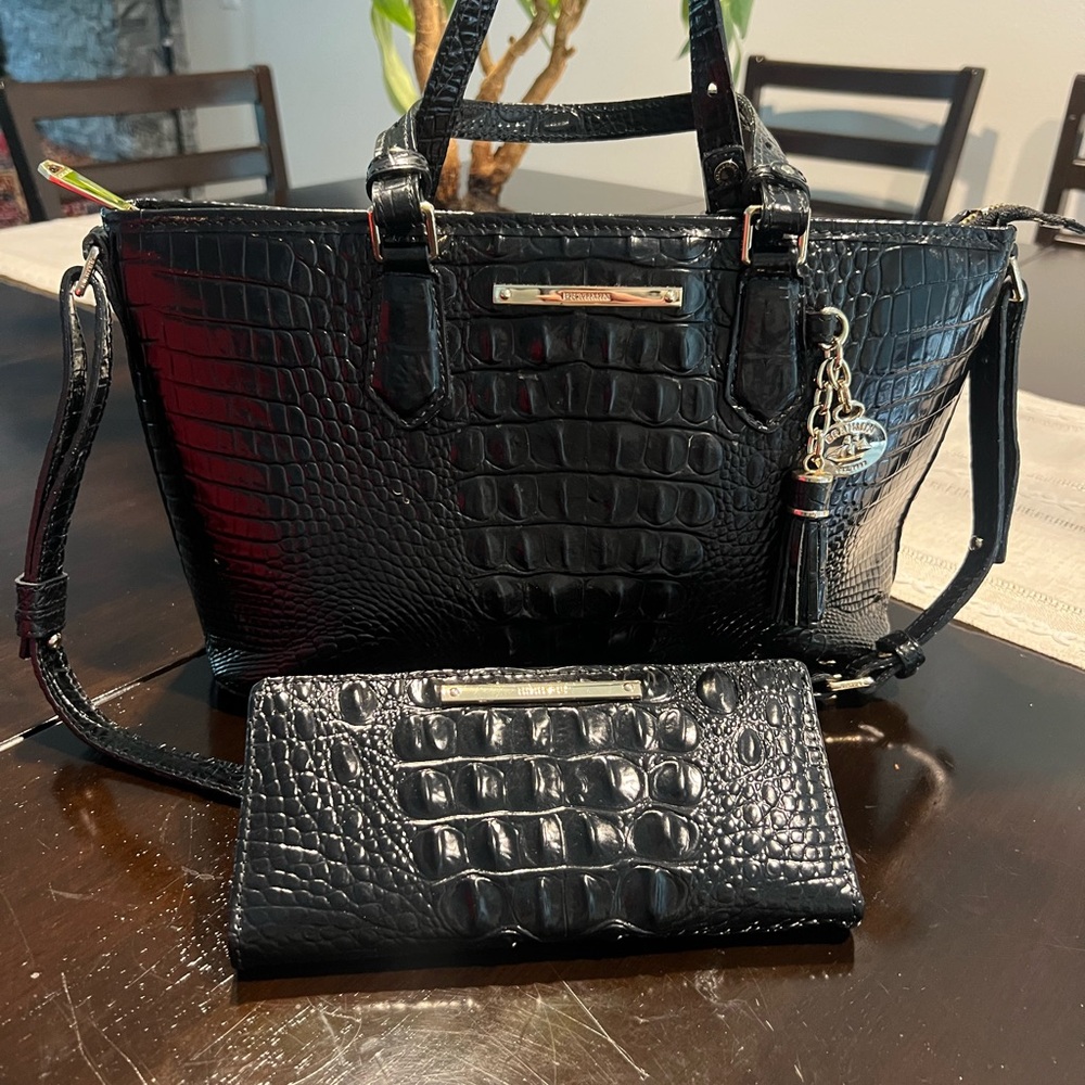 Brahim Asher Black Crocodile-Embossed Handbag and Ady Wallet Set